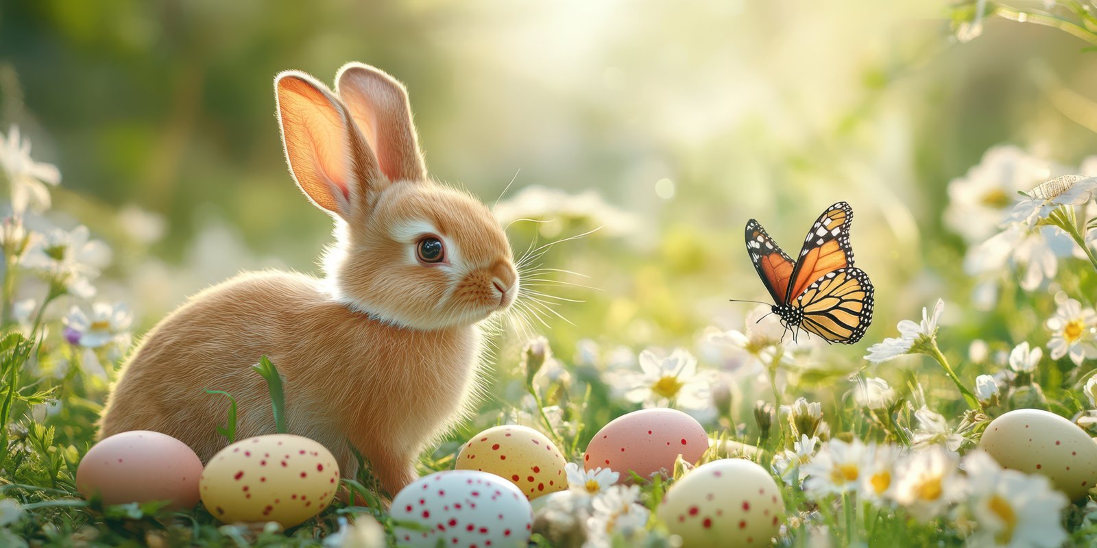 Cute bunny observing a butterfly near colorful Easter eggs in a floral meadow during springtime